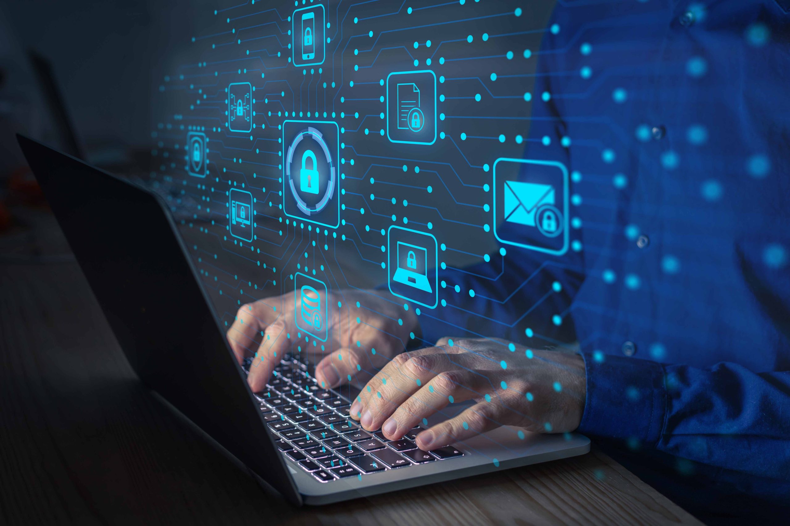 Cyber security IT engineer working on protecting network against cyberattack from hackers on internet. Secure access for online privacy and personal data protection. Hands typing on keyboard and PCB Cyber security IT engineer working on protecting network against cyberattack from hackers on internet. Secure access for online privacy and personal data protection. Hands typing on keyboard and PCB